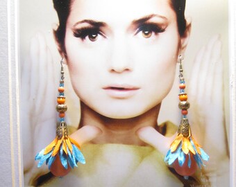 BOHO Orange and Aqua Blue filigree Earrings,