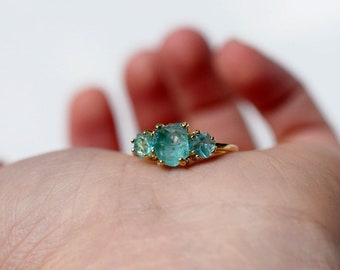 Raw Aquamarine Ring, Natural Aquamarine Ring, Three Stone Ring, Raw Crystal Ring Uncut Aquamarine Solid 10k Yellow White Gold Size 5 6 7 8 9