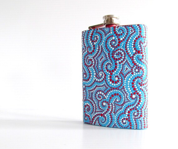 Stainless Steel Flask Hand painted eight 8 ounce flask Red white and blue dot painting ooak hip flask Groomsman gift