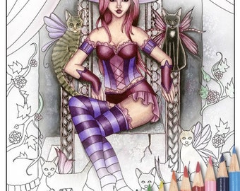 Digital Stamp - Printable Coloring Page - Fantasy Art - Witch Stamp - Heather - by Nikki Burnette - PERSONAL USE