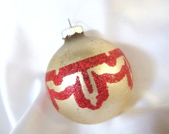 Vintage Shiny Brite Christmas Ornament - Matte Silver with Bold Red Glitter Christmas Ornament