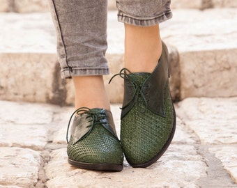 Green Leather Shoes, Woven Oxford Shoes, Close Shoes, Flat Shoes, Green Shoes , Free Shipping