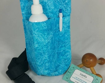 Massage Therapy single 8oz lotion bottle LEFT hip holster, turquoise dragonfly, black belt