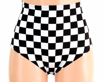 High Waist "Siren" Hot Pants in Black and White Checkered Print Winners Flag Spandex UV GLOW Rave Festival Clubwear - 154656