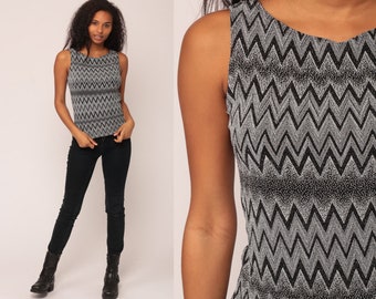 Y2k Tank Metallic Tank Top 90s SILVER Shirt Zig Zag Striped Blouse Tight Top Shirt Black 1990s Vintage Glam Summer Party Medium Large