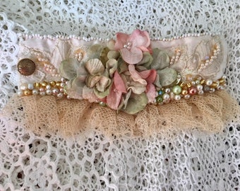pink beaded cuff, boho beaded cuff, pink lace cuff, festival embroidered cuff, textile bracelet, fiber art wristlet, tattered lace corsage
