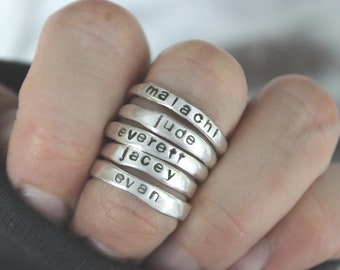personalized stackable name rings sterling silver - hand-stamped customized word ring set - custom stacking mother stack ring set jewelry