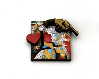 Alice in Wonderland Brooch, Queen of Hearts Brooch, Tenniel Illustration, Altered Art, Mixed Media, Wood Jewelry