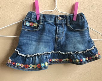 Baby hippy denim skirt, size 24 Months with flower power.
