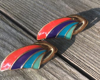 Super Awesome So 80's Rainbow Enamel Wing Earrings Post backs