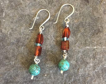 Turquoise and Amber Dangle Earrings, Kinetic Earrings, Sterling Silver, Earrings under 50, Made in Tahoe, December Birthstone, Lightweight