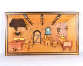Vintage Diorama Hand Carved Wood Folk Art Shadowbox 3D Wall Hanging