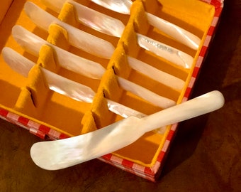 Vintage Mother of Pearl Caviar Spreading Knives Box Set of 6 Collectible in Original Box Solid Mother of Pearl Butter/Jam Spreader Knives