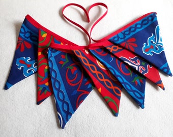Fabric Bunting Egyptian khayameya. Ramadan Bunting. Red and blue triangles. Ethnic Garland for birthday. Ramadan decoration