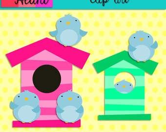Bluebirds with Birdhouses Clip Art