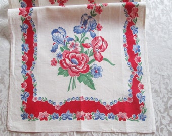 Vintage Towel Red Kitchen Linens Printed Floral Dish Cloth 1940's 1950's Mid Century Textiles Table Runner Hand Dish Towel Vintage Linens