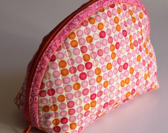 Handmade Dumpling pouch - fabric - quilted - pink orange beige - dots