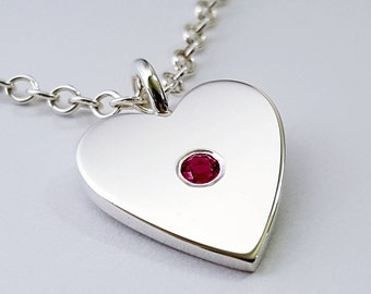 Ruby Heart Necklace Pendant in Sterling Silver - Sterling Silver Heart Necklace, Ruby Heart Pendant, Sterling Silver Heart Pendant
