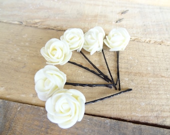Ivory Rose Wedding Hair Pins, Ivory Bridal Hair Pins, Flower Girl Hair Accessories, Bridesmaid Hair, Beach Weddings, Woodland - Set of 8