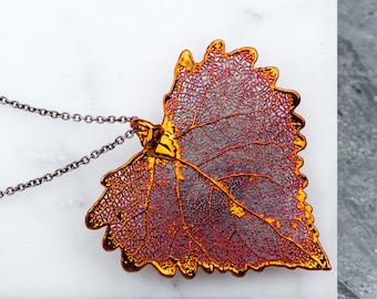 Leaf Necklace, Long Necklace Chain, Dipped Copper Cottonwood Large Leaf Pendant Necklace, Red Heart Leaf Jewelry, Nature Jewelry