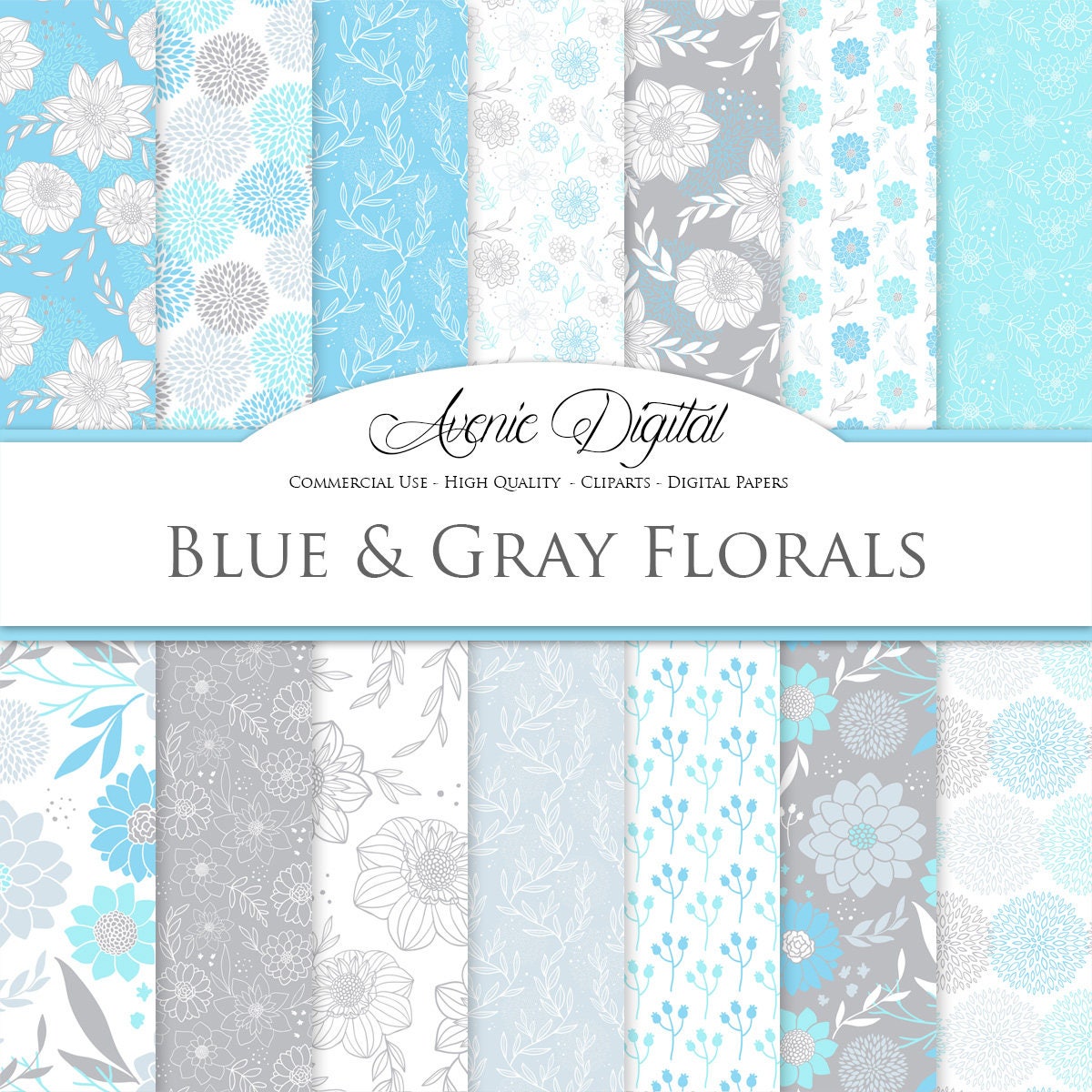 Blue and gray floral Seamless Digital Paper. Scrapbook Backgrounds ...