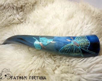 12oz Teal Glitter Luna Moth Drinking Horn with Leather Holster