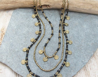 Black and Gold Necklace, Black Necklace, Black Boho Necklace, Tribal Necklace, Ethnic Necklace, Tribal Jewelry, Ethnic Jewelry