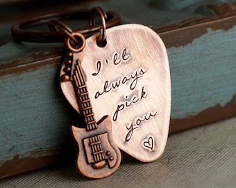 Hand Stamped Guitar Pick Key Chain / Personalized Guitar Pick / Custom Copper Guitar Pick / I'll always pick you