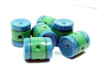 NOW ON SALE Polymer Clay Blue and Green Striped Tube Beads - Handmade