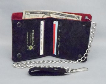 Vegan Chain Wallet Black Marble Swirl, Dark Red Canvas, Fabric Pockets, Detachable Chain, Bifold Wallet