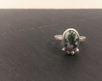 Moss Agate Sterling Silver Ring | Size 8 | Simple Statement Ring