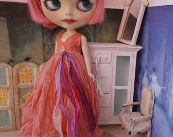 OOAK BLYTHE DRESS - Vintage Styled Shabby Elegance Tattered/Layered/Hand-Dyed Silk Dress - Peach Margarita