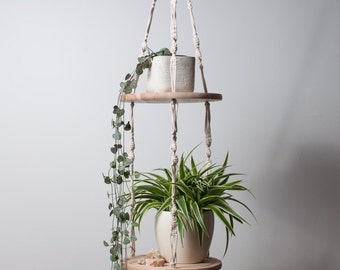 Multi-purpose double macramé hanger with wooden platters
