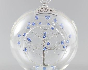 45th Anniversary Gift Personalized Ornament Idea with Sapphire Swarovski Crystal Elements on Silver Wire Rush Available
