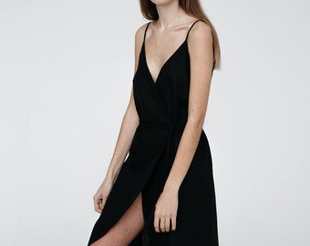 Black Linen Summer Wrap Irregular Maxi Dress