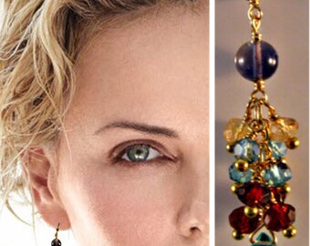 Gold Gemstone Cluster Earrings, gemstone earrings, gold earrings, cluster earrings, drop earrings, dangle earrings