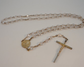 60s rosary Clear crystal facetted beads devotion Catholic rosary Stamped ITALY Concile Vatican II