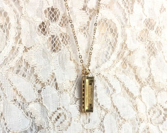 Harmonica Charm Necklace - Golden Brass Mini Music Charm - Musician Gift Ideas - Layering Necklace - Custom Length - Unique Accessories Sale