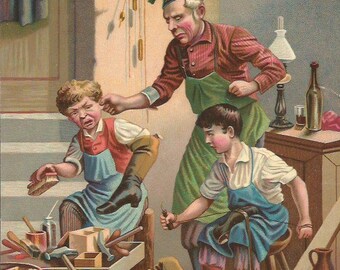 Vintage 1890 French Victorian Art print Chromolithograph/Shoemaker shop