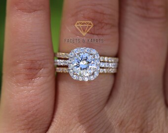 2.5 CT Round Halo Engagement Ring band Bridal set Solid 14k White Gold, Unique White Gold Engagement Rings by FACETS & KARATS