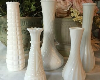 Beautiful Set of 5 vintage Milk Glass Vases, Wedding Perfect Milk Glass Vase Set
