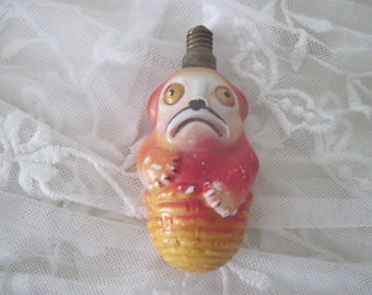 Vintage Japanese Glass Electric Christmas Light Decoration of a Dog in a Basket c1920