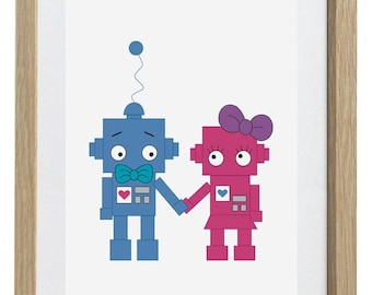Robot Love A4 Print in 3 Colour Themes - Kids & Baby Decor Wall Art