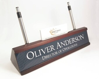 Personalized Desk Name plate nameplate business card and pen holder mahogany color desk wedge with carbon fiber look insert