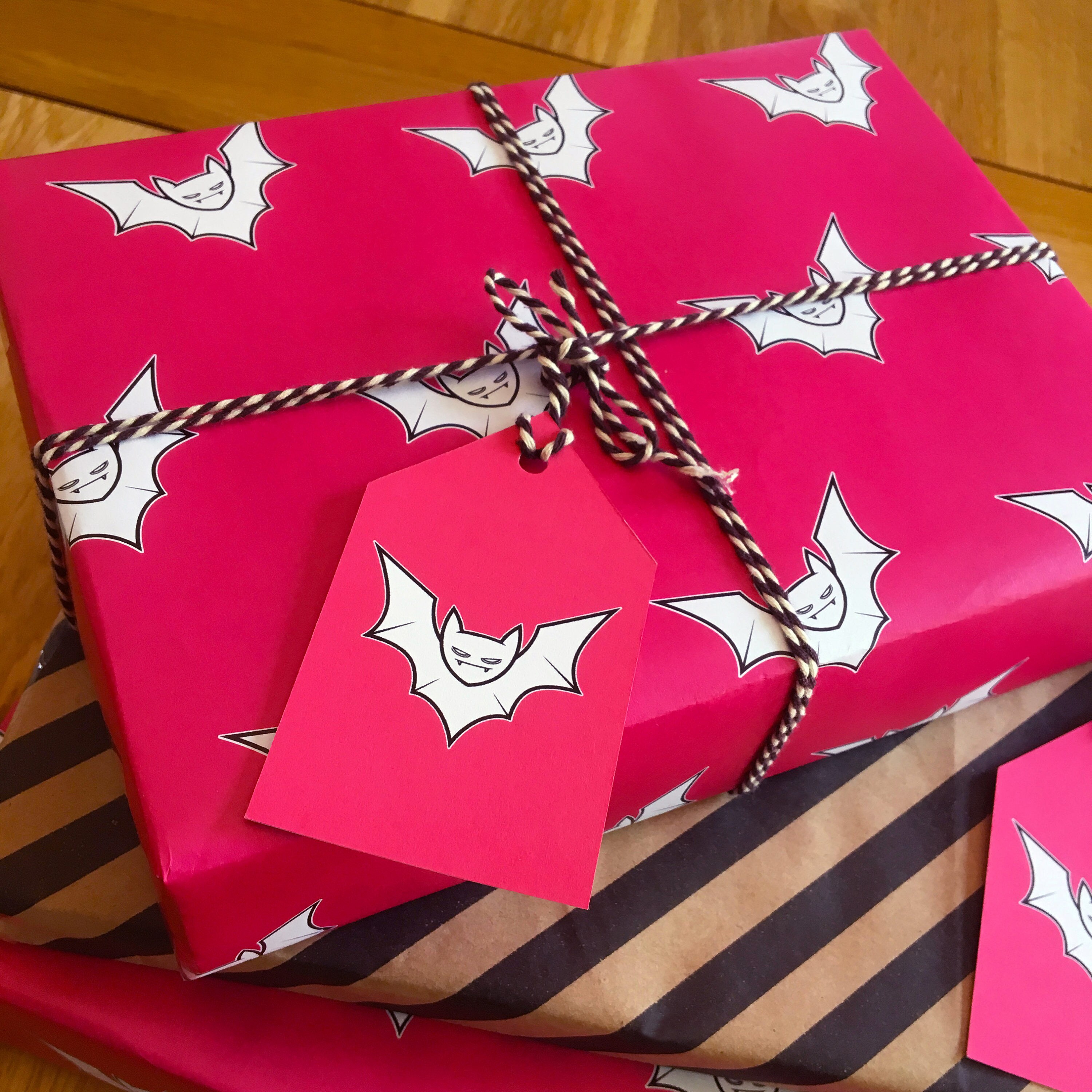 Bat Halloween Paper Gift Wrap & Tags Set Pink Birthday