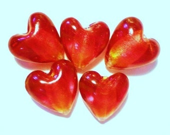 10 Red Lampwork Heart Beads foil linned red heart beads valentine beads 12mm x 12mm red beads HPM01Y (SR)