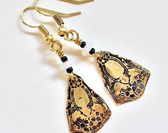 Etched Brass Earrings, Art Deco Earrings Moonstone Beads - Free Domestic Shipping