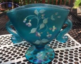 Fenton dolphin handled Fan Vase blue iridescent