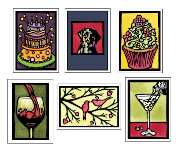 Just For Fun Collection - 6 Blank Greeting Cards - Birthday Cake, Celebration Cupcake, Puppy Dog, Red Wine, Lovebirds, Dirty Martini