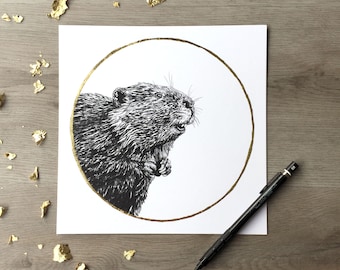 American Beaver November Beaver Moon - Print of Original Graphite Drawing with Gold Leaf Animal Portrait Beaver Print